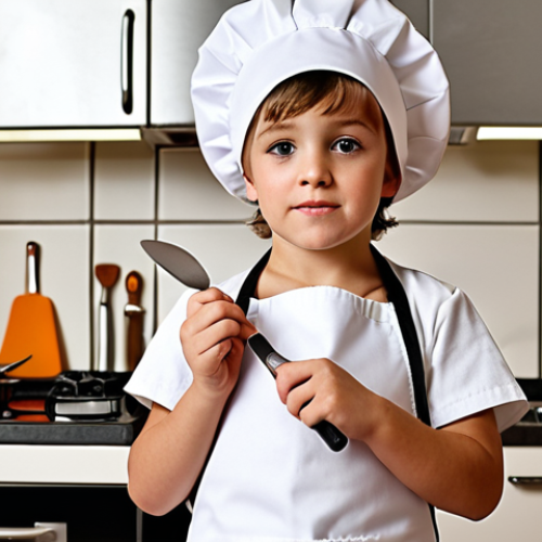 A child wearing a Cocomon chef hat and apron, playfully "cooking" in a toy kitchen with a small spatula, looking focused and adorable.