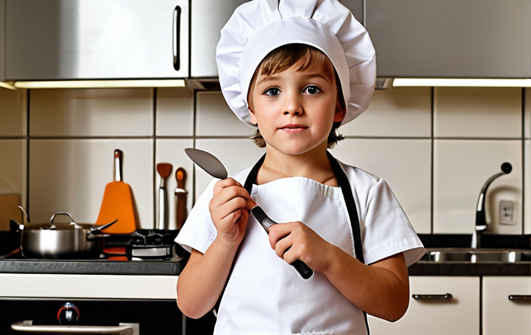 A child wearing a Cocomon chef hat and apron, playfully "cooking" in a toy kitchen with a small spatula, looking focused and adorable.