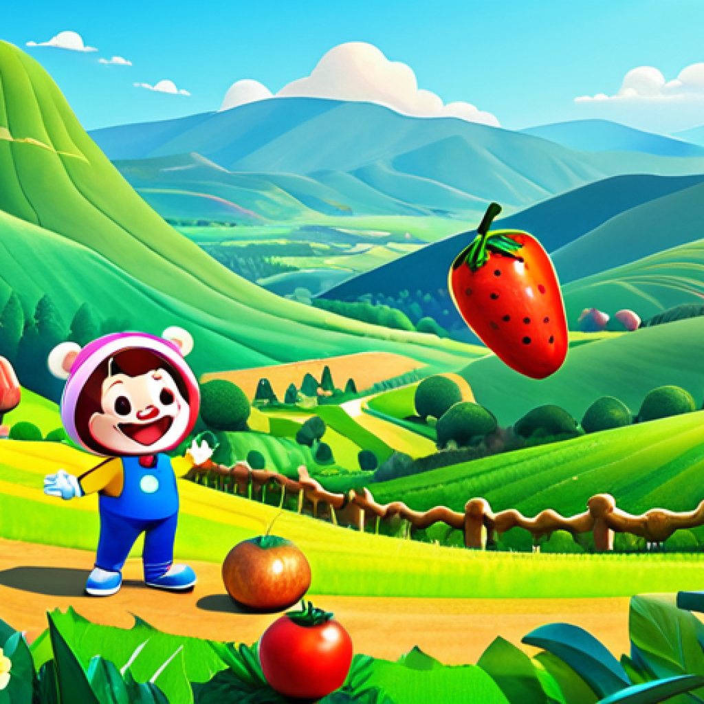 Cocomong Adventure**
A vibrant and colorful scene featuring Cocomong, the main character, in a playful pose. He is in a whimsical, animated landscape with rolling hills and oversized fruits and vegetables. Aromi, Wangdi, and Gabi are nearby, engaged in a friendly activity. Bright, cheerful atmosphere, cartoon style, family-friendly, safe for work, appropriate content, fully clothed, professional, perfect anatomy, natural proportions.
**