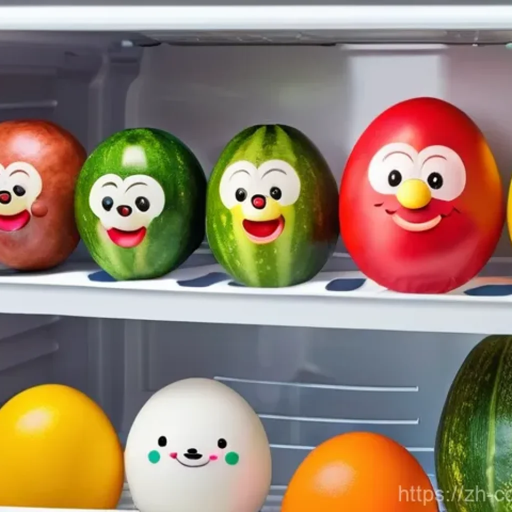 코코몽의 국내 방영 현황 - A vibrant and cheerful cartoon scene set within the whimsical "refrigerator world" of Cocomong. Coco...