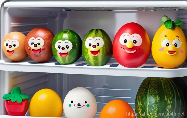 코코몽의 국내 방영 현황 - A vibrant and cheerful cartoon scene set within the whimsical "refrigerator world" of Cocomong. Coco...